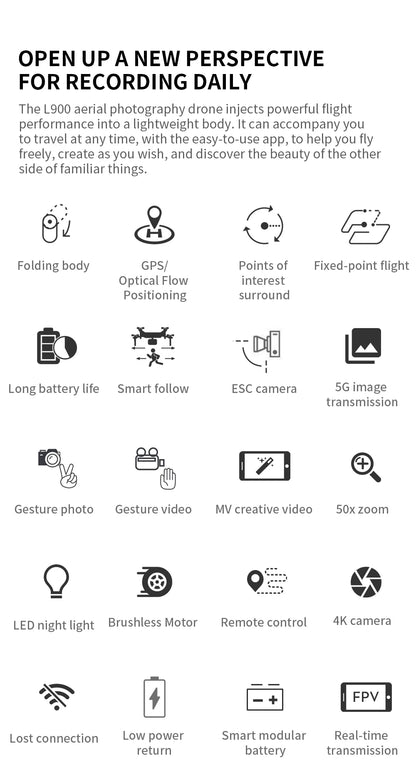 Drone L900 Pro 4K 5G GPS Dual Camera, Brushless Motor, Foldable Quadcopter, 1.2KM Range
